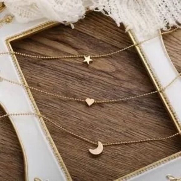 NEW Boho Dainty Moon Heart Star Gold Layered Chain Necklace A0107 - Picture 5 of 11